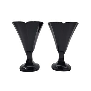 2 Vtg Luminarc Black Amethyst Glass Ice Cream Dish‎ French Scallop Art Deco Pair